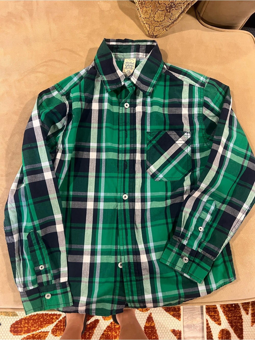 Faded Glory Green Navy Plaid Button-Down Shirt